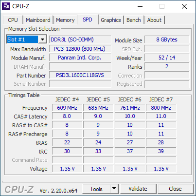 CPU-Z screenshot of Panram PSD3L1600C118GVS