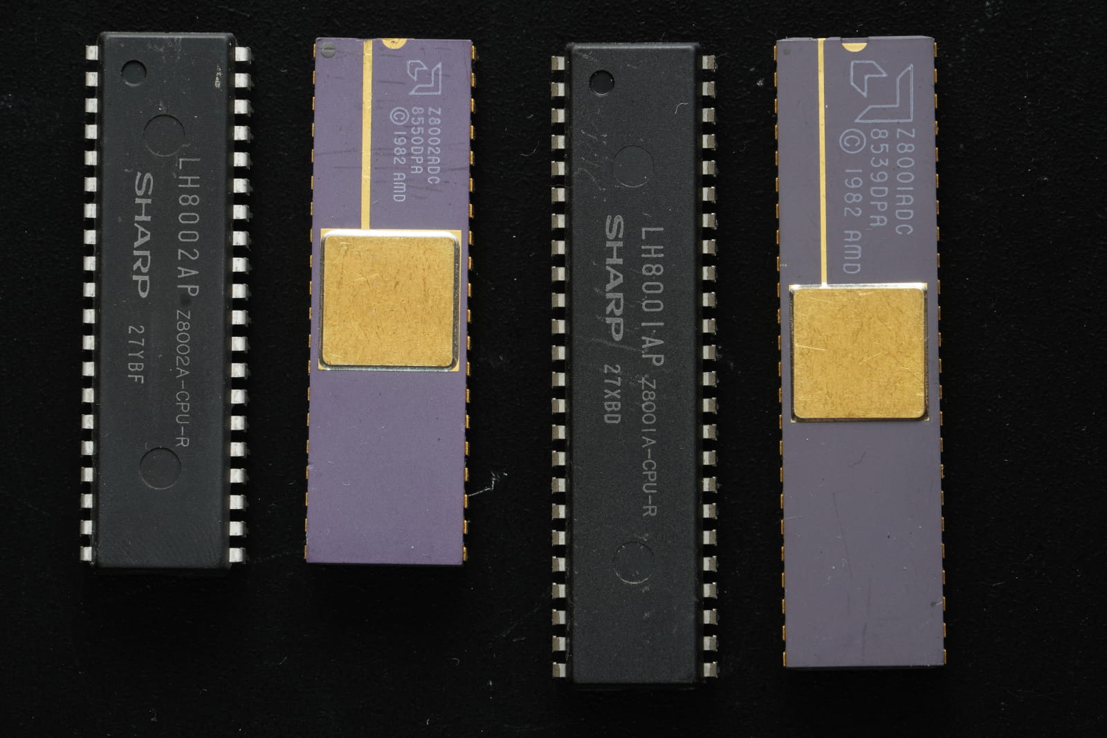 Z8001ADC 8530DPA ©1982 AMD, LH8001AP Z8001A-CPU-R SHARP 27XBD, Z8002ADC 8550DPA ©1982 AMD, LH8002AP Z8002A-CPU-R SHARP 27YBF