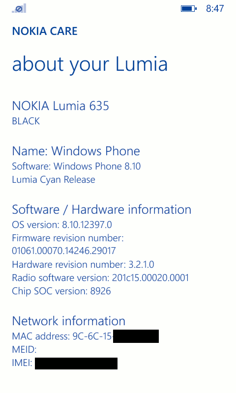 Nokia Care on Lumia 635, AT&T ROM